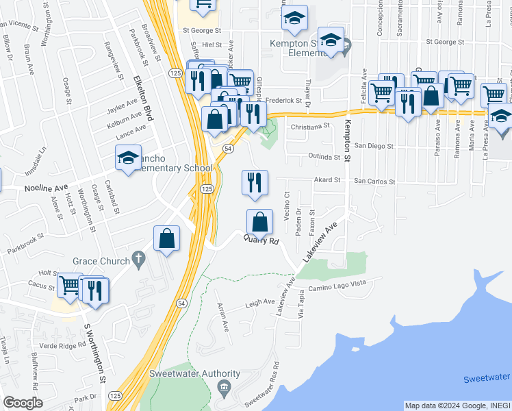 map of restaurants, bars, coffee shops, grocery stores, and more near 6377 Quarry Road in Spring Valley
