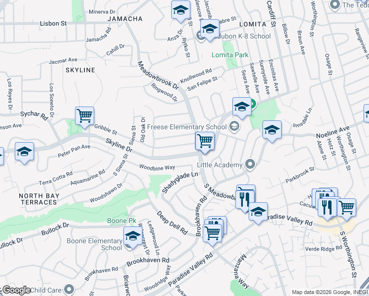 map of restaurants, bars, coffee shops, grocery stores, and more near 7853 Gribble Street in San Diego