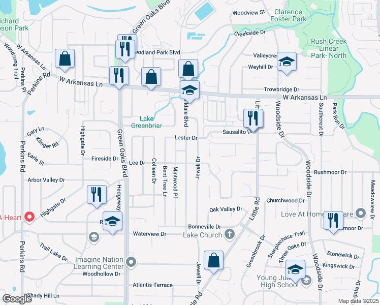 map of restaurants, bars, coffee shops, grocery stores, and more near 2509 Hilldale Boulevard in Arlington