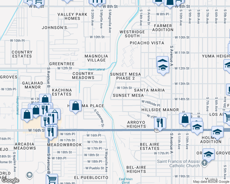 map of restaurants, bars, coffee shops, grocery stores, and more near 1650 West 14th Street in Yuma