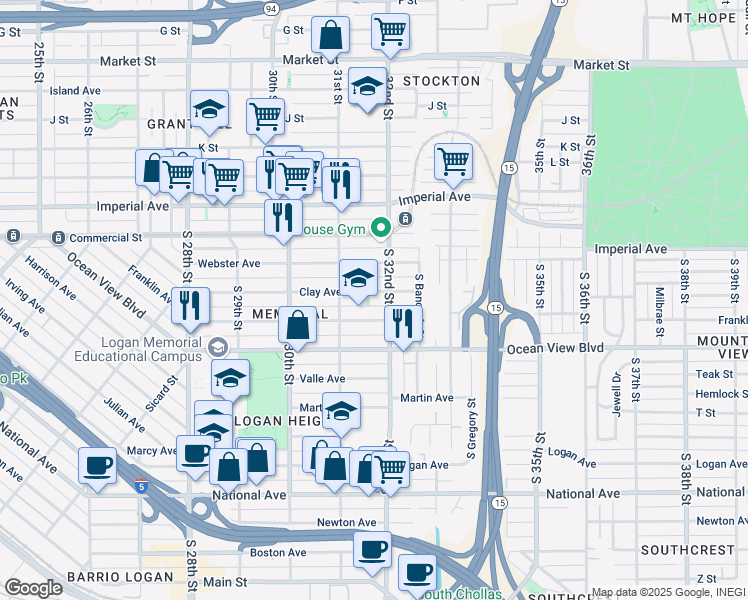 map of restaurants, bars, coffee shops, grocery stores, and more near 3157 Clay Avenue in San Diego
