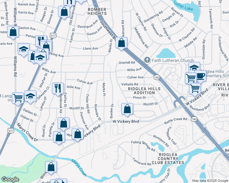 map of restaurants, bars, coffee shops, grocery stores, and more near 4829 Borden Drive in Fort Worth
