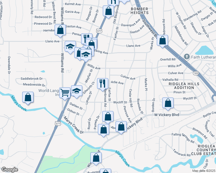 map of restaurants, bars, coffee shops, grocery stores, and more near 4912 Fairfax Street in Fort Worth