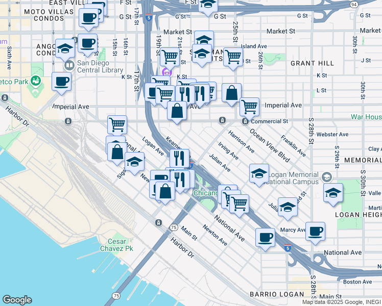 map of restaurants, bars, coffee shops, grocery stores, and more near 1862 Kearney Avenue in San Diego