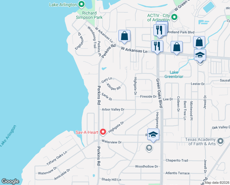 map of restaurants, bars, coffee shops, grocery stores, and more near 5900 Klinger Road in Arlington