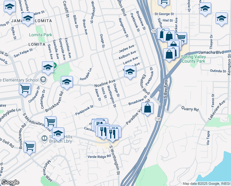 map of restaurants, bars, coffee shops, grocery stores, and more near 526 Osage Street in Spring Valley