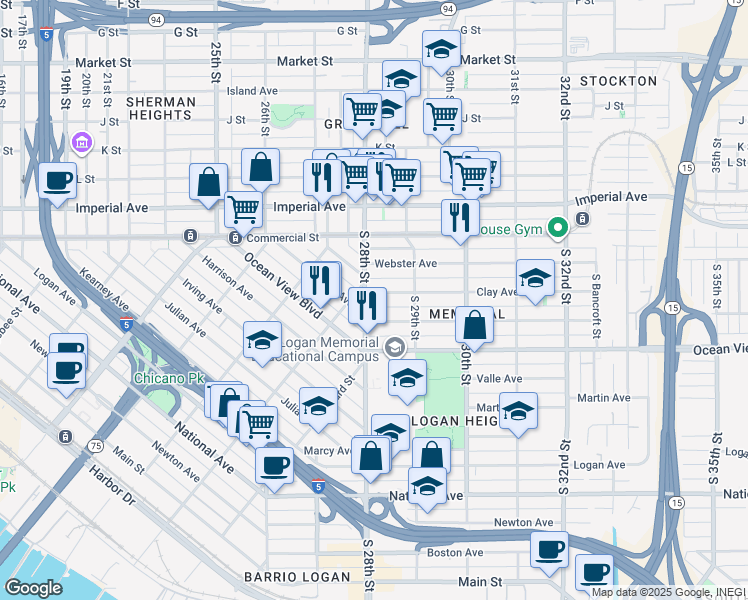 map of restaurants, bars, coffee shops, grocery stores, and more near 2815 Clay Avenue in San Diego