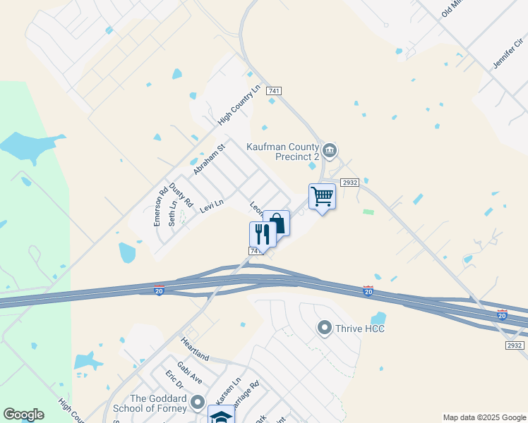 map of restaurants, bars, coffee shops, grocery stores, and more near 1100 Wentworth Way in Forney
