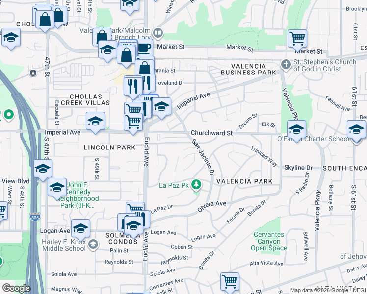 map of restaurants, bars, coffee shops, grocery stores, and more near 5211 Manzanares Way in San Diego