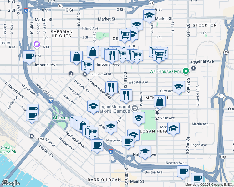 map of restaurants, bars, coffee shops, grocery stores, and more near 2181 Franklin Avenue in San Diego