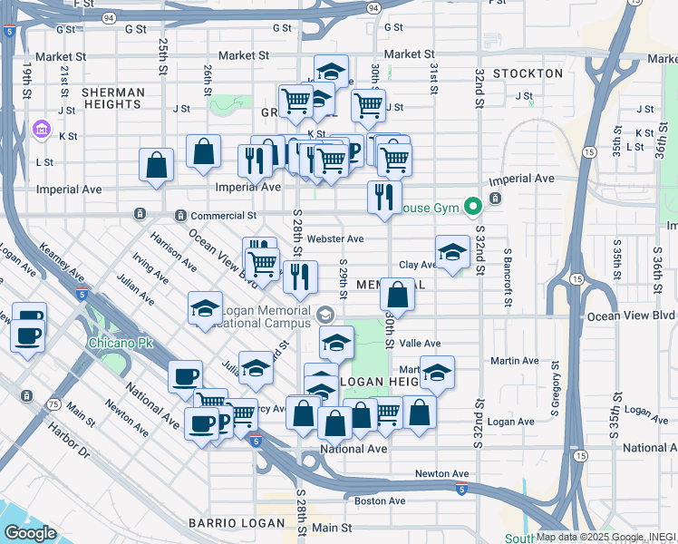 map of restaurants, bars, coffee shops, grocery stores, and more near 2885 Clay Avenue in San Diego