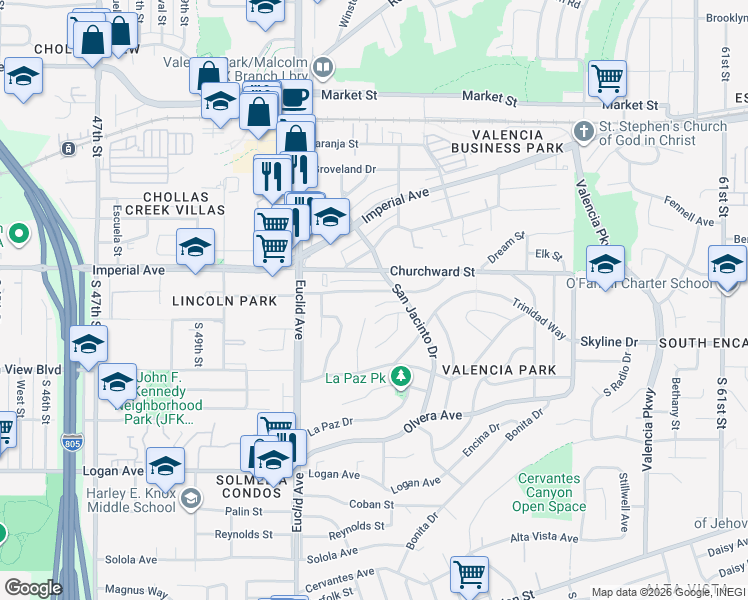 map of restaurants, bars, coffee shops, grocery stores, and more near 5211 Manzanares Way in San Diego