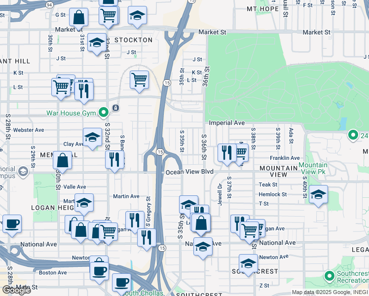 map of restaurants, bars, coffee shops, grocery stores, and more near 327 South 35th Street in San Diego