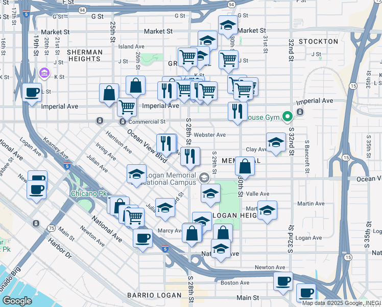 map of restaurants, bars, coffee shops, grocery stores, and more near 2815 Clay Avenue in San Diego
