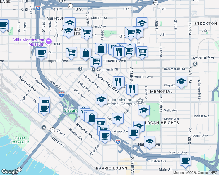 map of restaurants, bars, coffee shops, grocery stores, and more near 2156 Ocean View Boulevard in San Diego