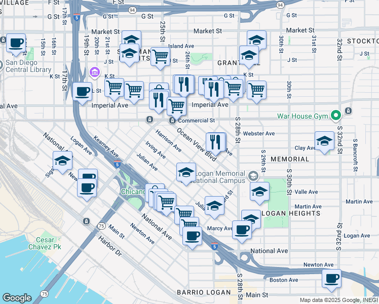 map of restaurants, bars, coffee shops, grocery stores, and more near 2068 Harrison Avenue in San Diego