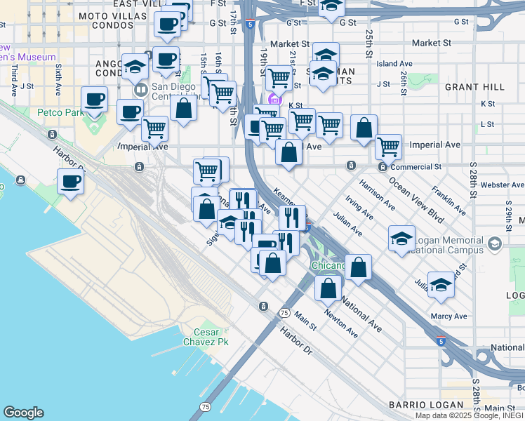 map of restaurants, bars, coffee shops, grocery stores, and more near 1747 Logan Avenue in San Diego