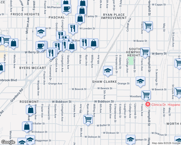 map of restaurants, bars, coffee shops, grocery stores, and more near 3229 Ryan Avenue in Fort Worth