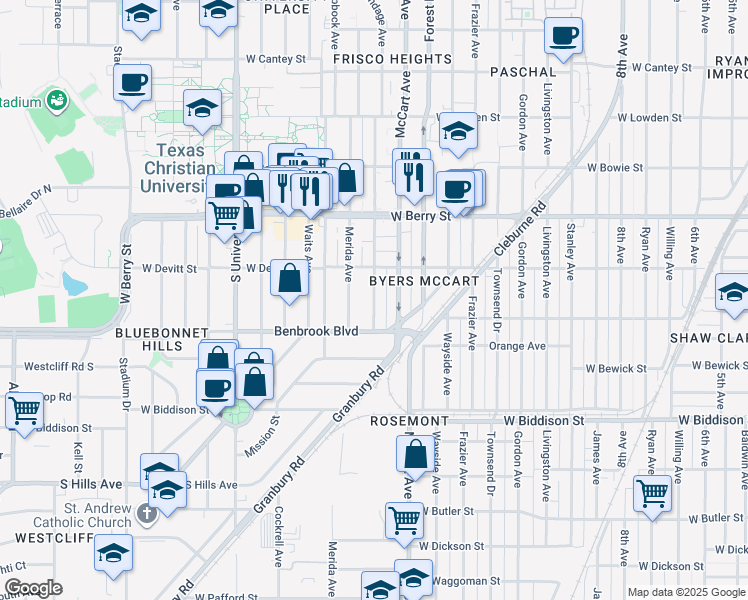 map of restaurants, bars, coffee shops, grocery stores, and more near 3236 Sandage Avenue in Fort Worth