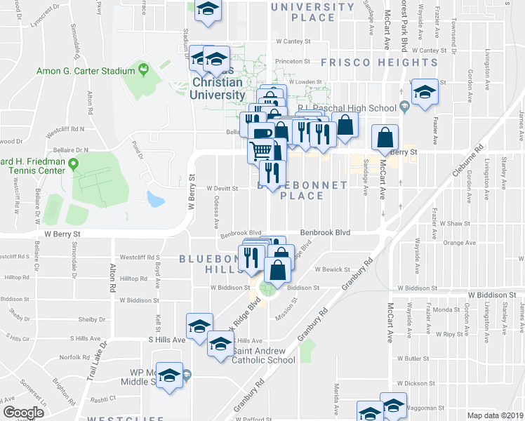 map of restaurants, bars, coffee shops, grocery stores, and more near 3228 South University Drive in Fort Worth