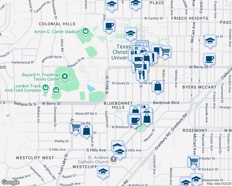 map of restaurants, bars, coffee shops, grocery stores, and more near 3235 Odessa Avenue in Fort Worth