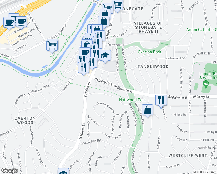 map of restaurants, bars, coffee shops, grocery stores, and more near 4343 Bellaire Drive South in Fort Worth