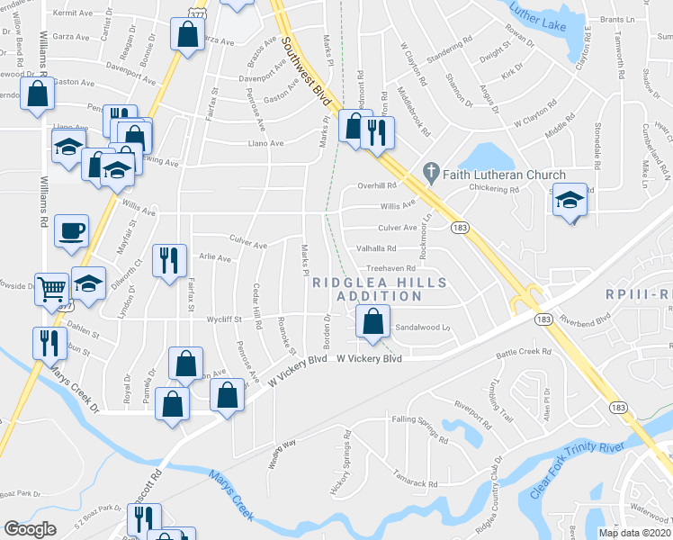 map of restaurants, bars, coffee shops, grocery stores, and more near 7236 Overhill Road in Fort Worth