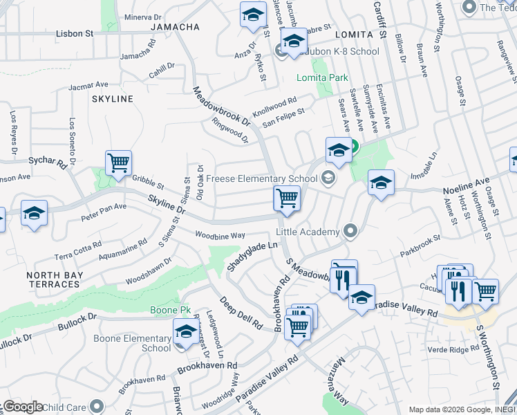 map of restaurants, bars, coffee shops, grocery stores, and more near 7853 Gribble Street in San Diego