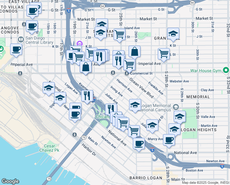 map of restaurants, bars, coffee shops, grocery stores, and more near 1963 Irving Avenue in San Diego