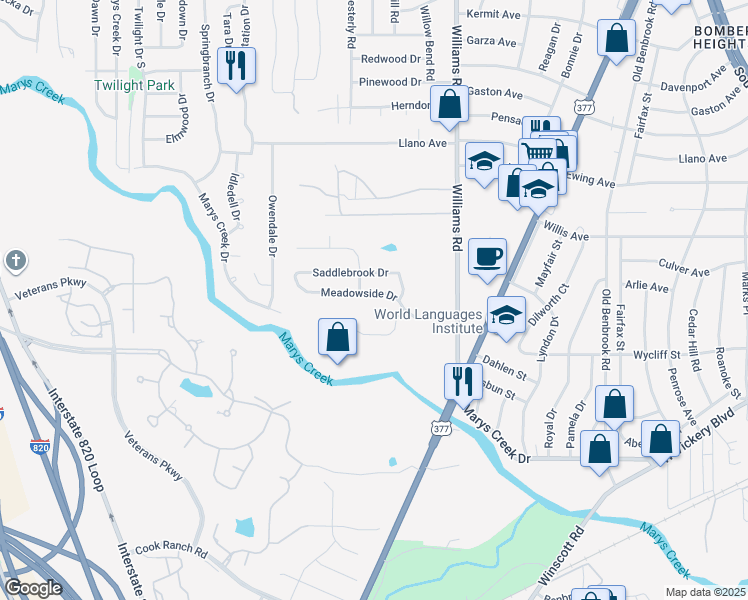 map of restaurants, bars, coffee shops, grocery stores, and more near 8115 Meadowside Drive in Benbrook