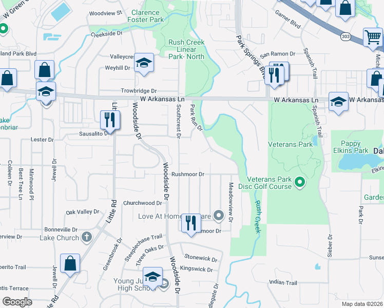 map of restaurants, bars, coffee shops, grocery stores, and more near 4100 Crestover Court in Arlington