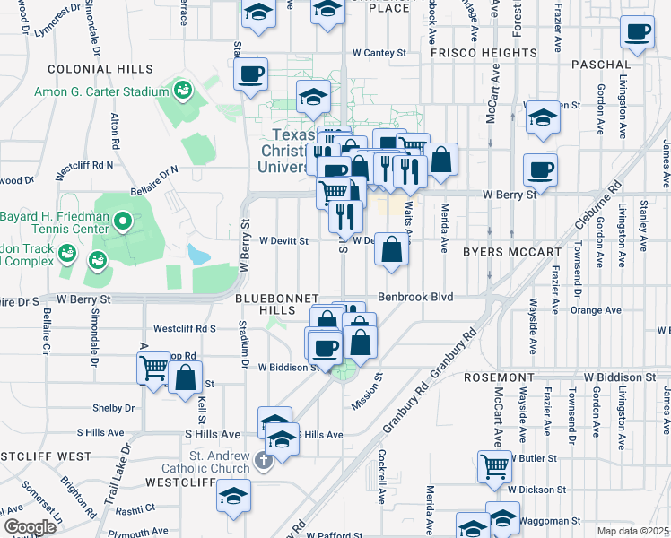 map of restaurants, bars, coffee shops, grocery stores, and more near 3228 South University Drive in Fort Worth