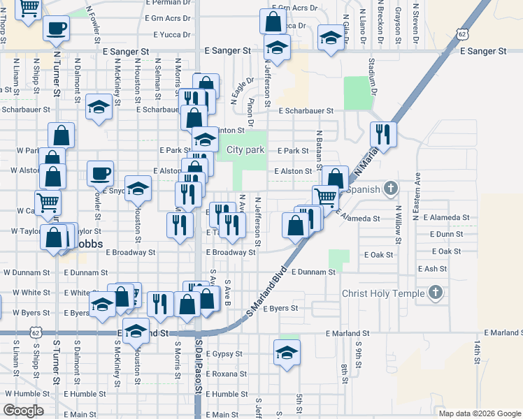 map of restaurants, bars, coffee shops, grocery stores, and more near 302 North Jefferson Street in Hobbs