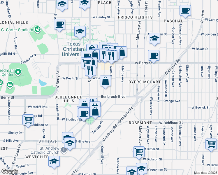 map of restaurants, bars, coffee shops, grocery stores, and more near 3228 Waits Avenue in Fort Worth