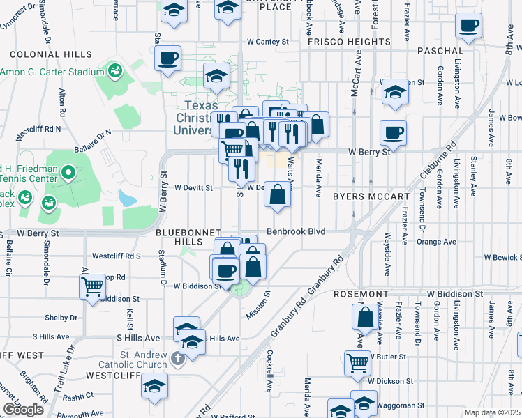 map of restaurants, bars, coffee shops, grocery stores, and more near 3229 Cockrell Avenue in Fort Worth