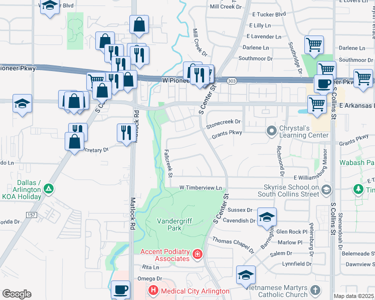 map of restaurants, bars, coffee shops, grocery stores, and more near 210 Fleetwood Court in Arlington