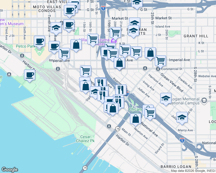 map of restaurants, bars, coffee shops, grocery stores, and more near 1755 Logan Avenue in San Diego