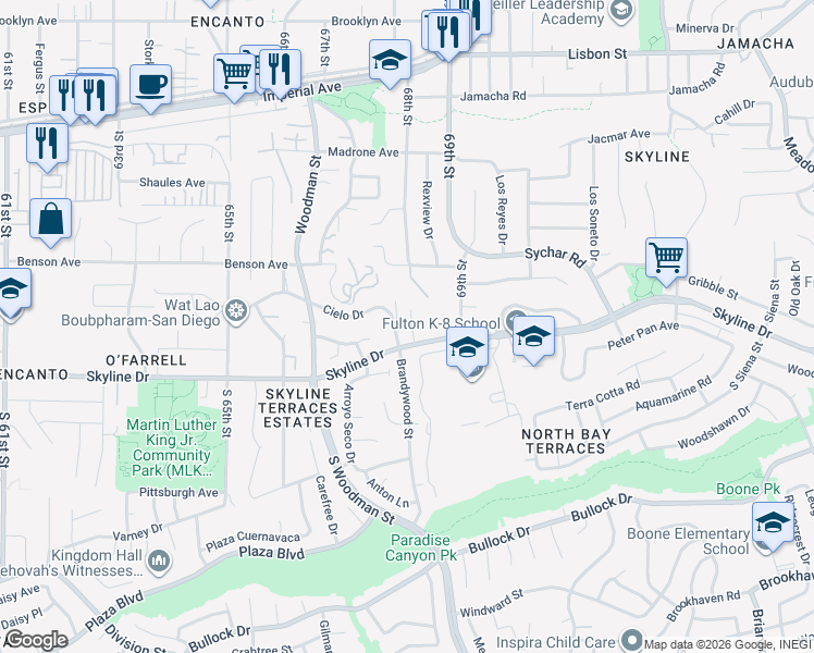 map of restaurants, bars, coffee shops, grocery stores, and more near 116 Timely Terrace in San Diego