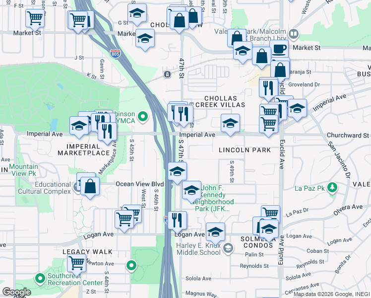 map of restaurants, bars, coffee shops, grocery stores, and more near 211 South 47th Street in San Diego