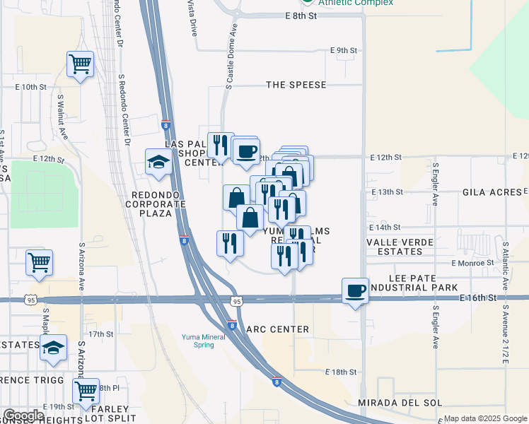 map of restaurants, bars, coffee shops, grocery stores, and more near 1330 Yuma Palms Parkway in Yuma