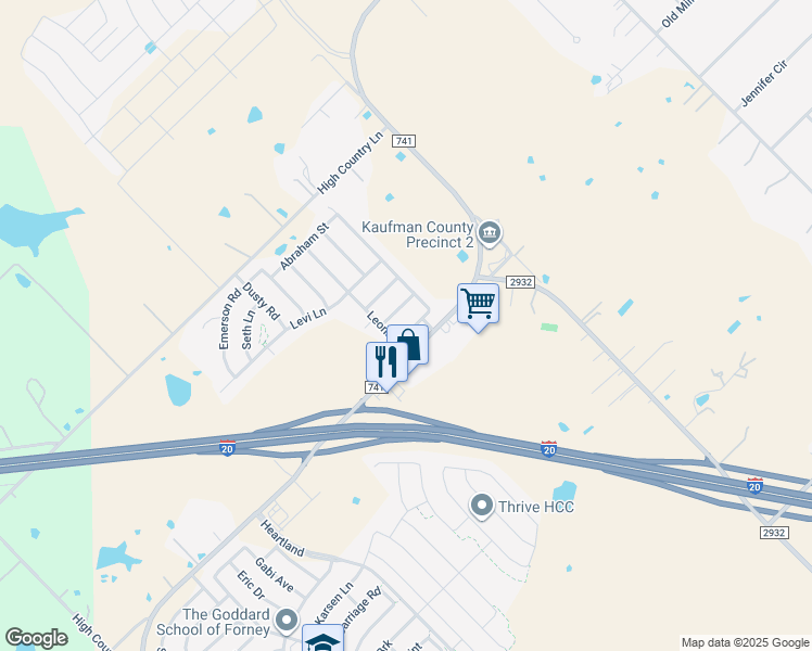 map of restaurants, bars, coffee shops, grocery stores, and more near 1100 Wentworth Way in Forney