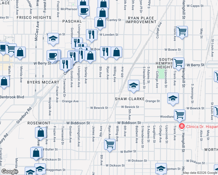 map of restaurants, bars, coffee shops, grocery stores, and more near 3229 Ryan Avenue in Fort Worth