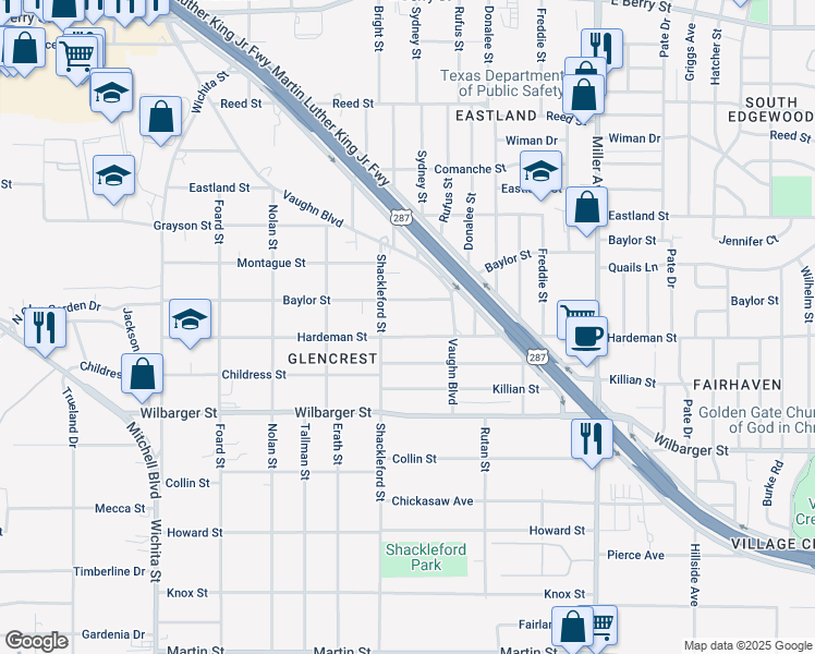 map of restaurants, bars, coffee shops, grocery stores, and more near 3621 Hardeman Street in Fort Worth