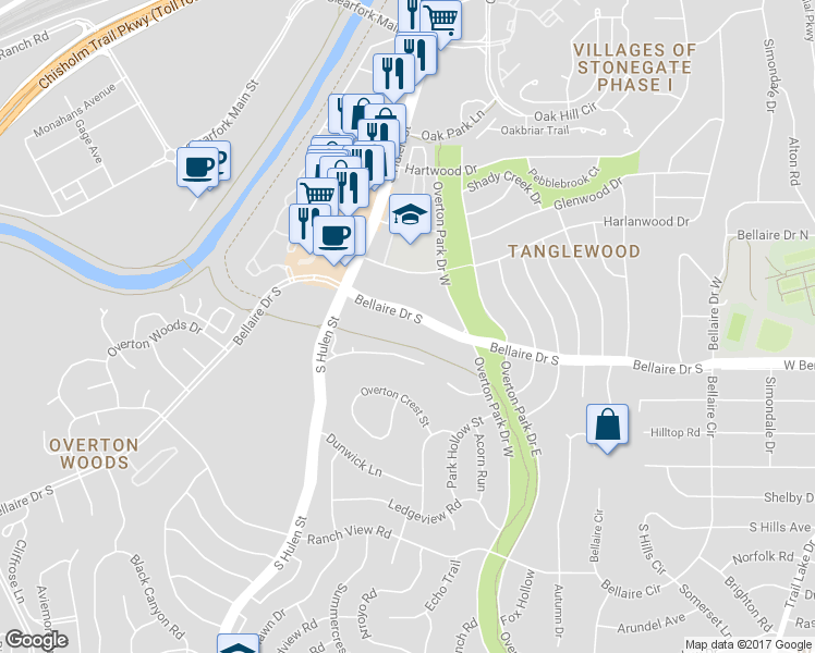 map of restaurants, bars, coffee shops, grocery stores, and more near 4343 Bellaire Drive South in Fort Worth