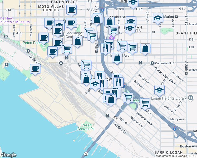 map of restaurants, bars, coffee shops, grocery stores, and more near 991 Sigsbee Street in San Diego