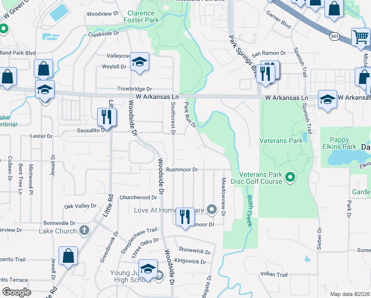 map of restaurants, bars, coffee shops, grocery stores, and more near 4100 Crestover Court in Arlington