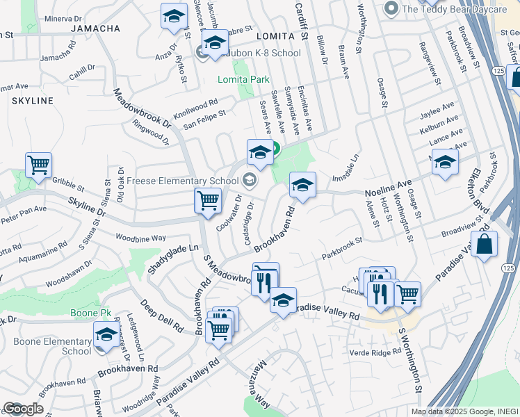 map of restaurants, bars, coffee shops, grocery stores, and more near 126 South Royal Oak Drive in San Diego