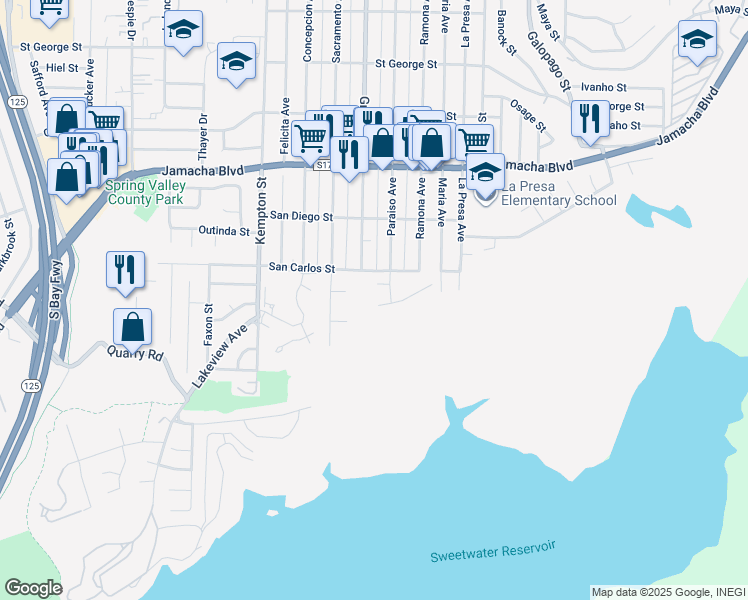 map of restaurants, bars, coffee shops, grocery stores, and more near 9408 Avenida Acero in Spring Valley