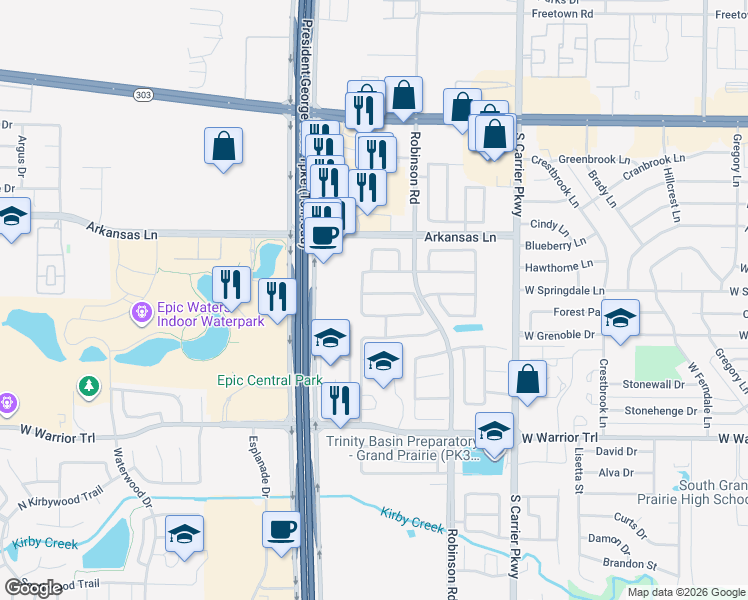 map of restaurants, bars, coffee shops, grocery stores, and more near 1067 Wood Stream Drive in Grand Prairie