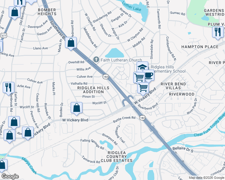 map of restaurants, bars, coffee shops, grocery stores, and more near 4908 Southwest Boulevard in Fort Worth